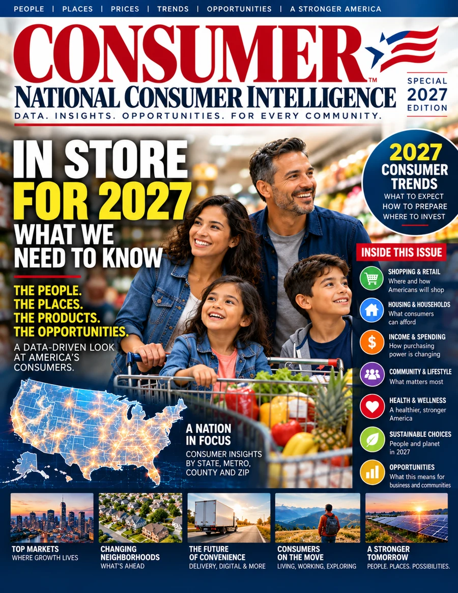 Consumer Magazine 2027 cover concept: National Consumer Intelligence, America in Focus, with a family shopping in a grocery store
